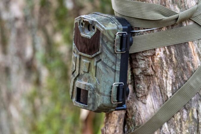 Des caméras de chasse de surveillance fixées à un tronc d'arbre, en pleine nature.