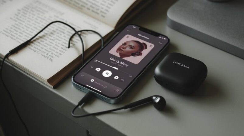 Gros plan d'un smartphone lisant de la musique avec des écouteurs filaires, un élément pouvant cacher un Lecteur MP3 Espion.